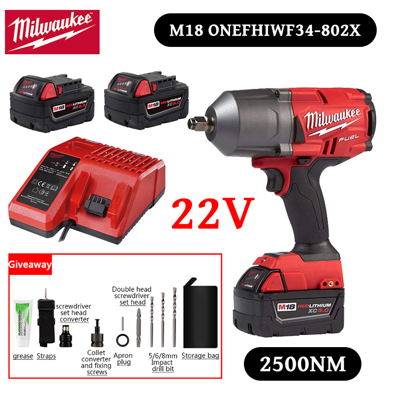 【Milwaukee】 22V (2500 N.M griezes moments + 5AH akumulators *2) darbojas līdz 12 stundām + 11 piederumi